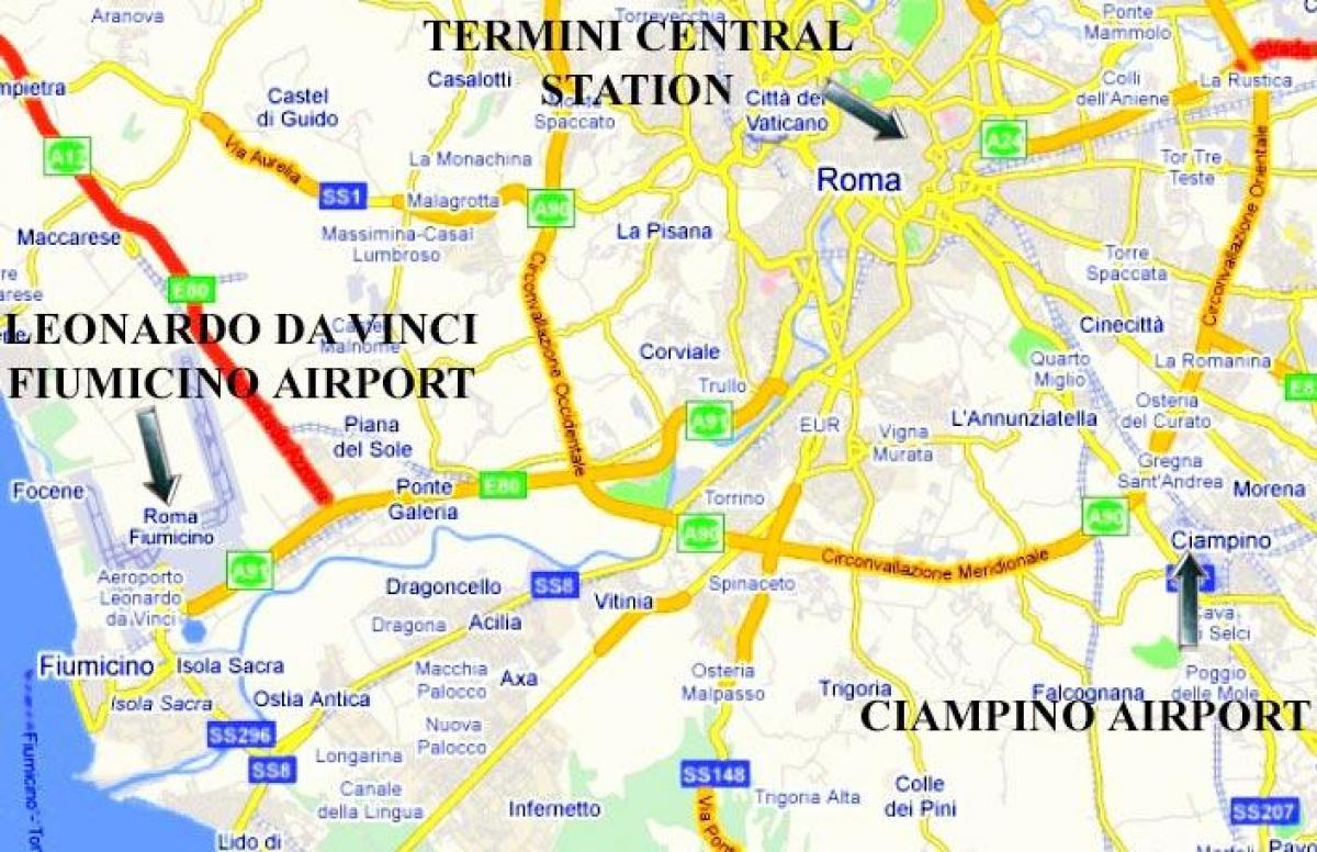 mappa di Roma mostrando aeroporti